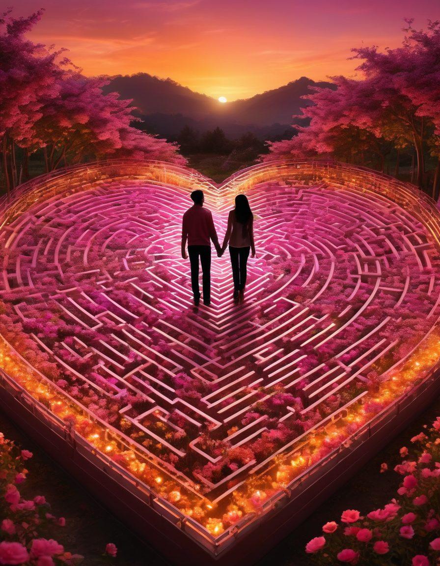 A heart-shaped maze symbolizing intricate relationships, surrounded by vibrant flowers and soft glowing lights representing love. Include silhouettes of diverse couples navigating the maze hand in hand, showcasing connection and unity. The background should feature a warm sunset blending romantic hues of pink and orange. super-realistic. vibrant colors.