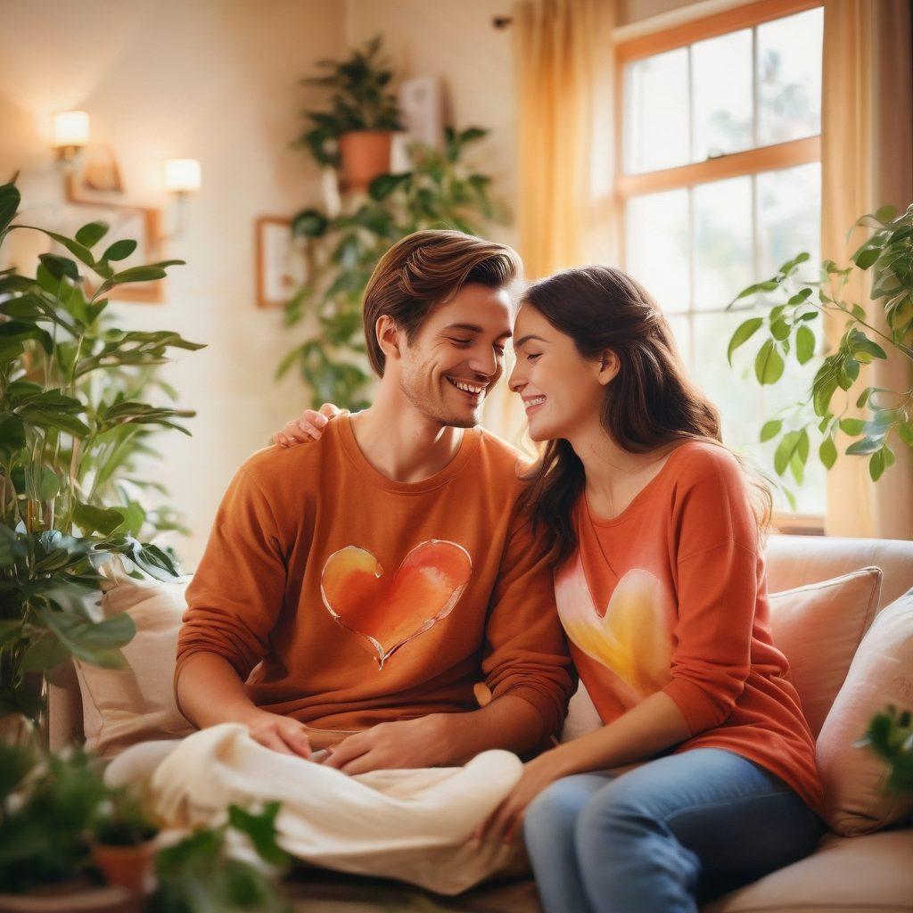 A warm, intimate scene of a couple sharing a cozy moment in a softly-lit living room, surrounded by plants and personal mementos, showcasing the closeness and affection between them. Include heart motifs subtly integrated in the background, symbolizing love and connection. The lighting should create a comforting atmosphere, highlighting their smiles and interplay. watercolor painting style. warm colors. soft focus.