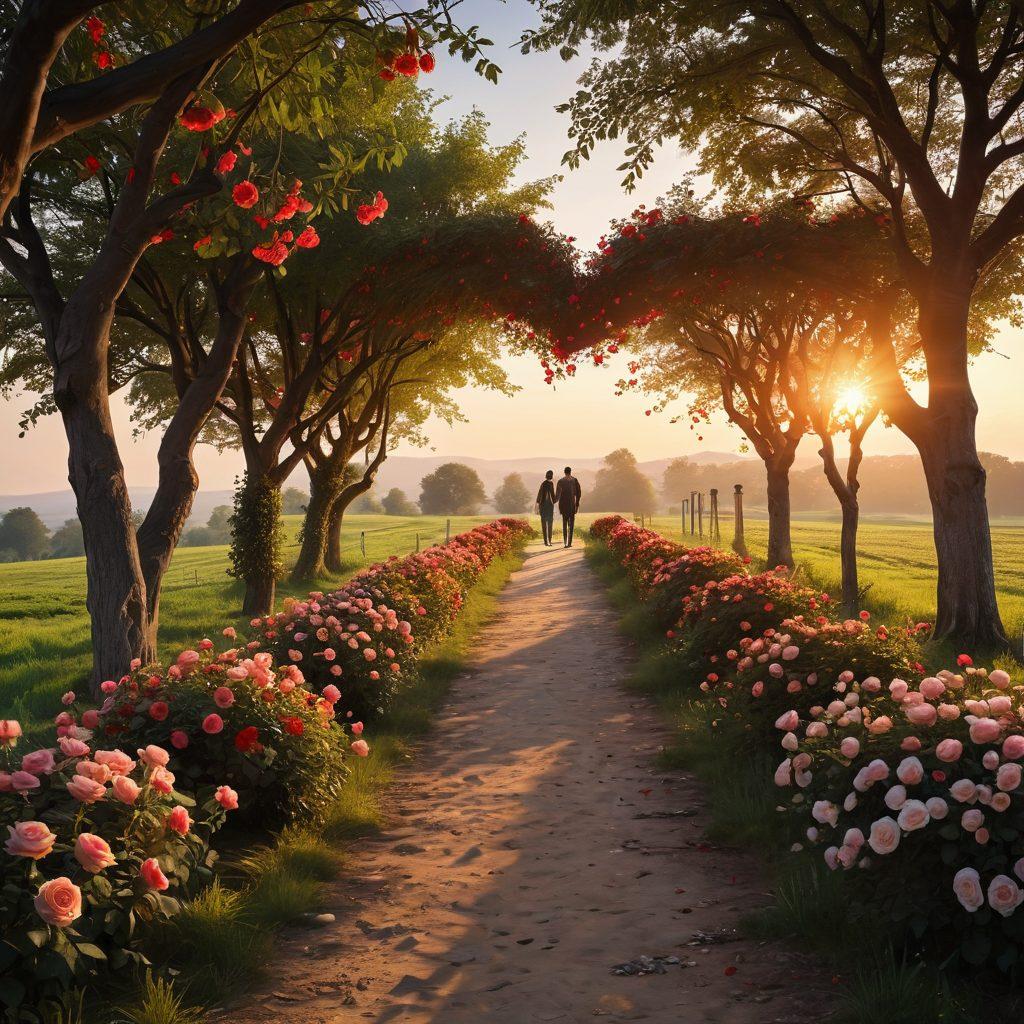 An elegant pathway symbolizing the journey of love, with intertwining vines of roses and hearts, leading towards a glowing horizon. Include milestones labeled 'Romance', 'Connection', 'Commitment' along the path. Bright and inviting colors with soft sunlight filtering through the trees, conveying warmth and hope. Illustrate two silhouettes walking hand-in-hand, showcasing unity and partnership. super-realistic. vibrant colors. soft focus.